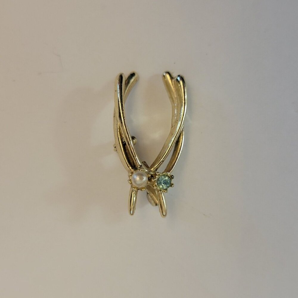 Vintage Wishbone Silver Tone Pin Brooch Blue Rhinestone Pearl